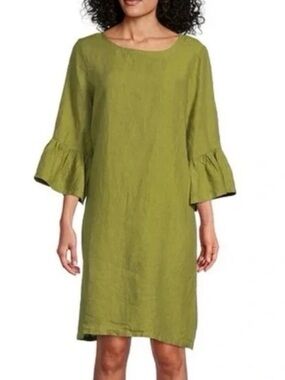 BRYN WALKER Green Linen Bell-Sleeve Tunic Dress L